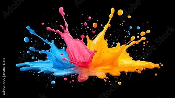 Fototapeta Colorful paint splashes explode on black background