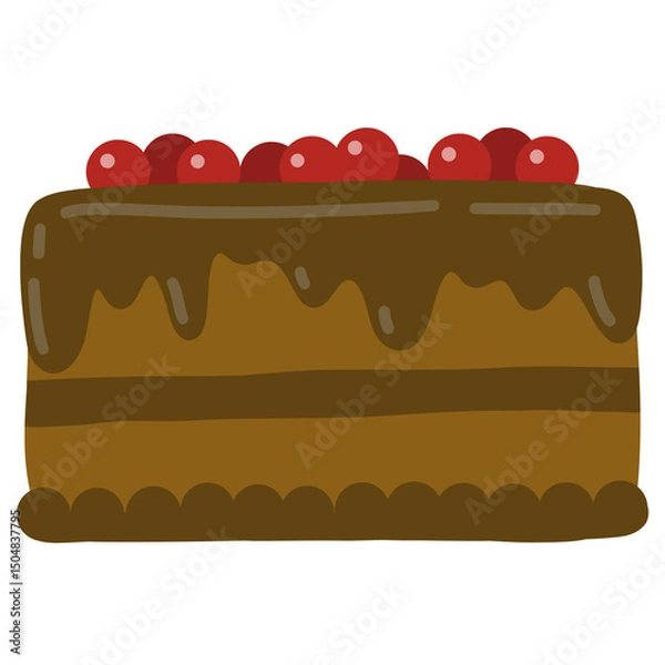 Obraz Rectangular Chocolate Cake with Cherries – Flat Vector Illustration