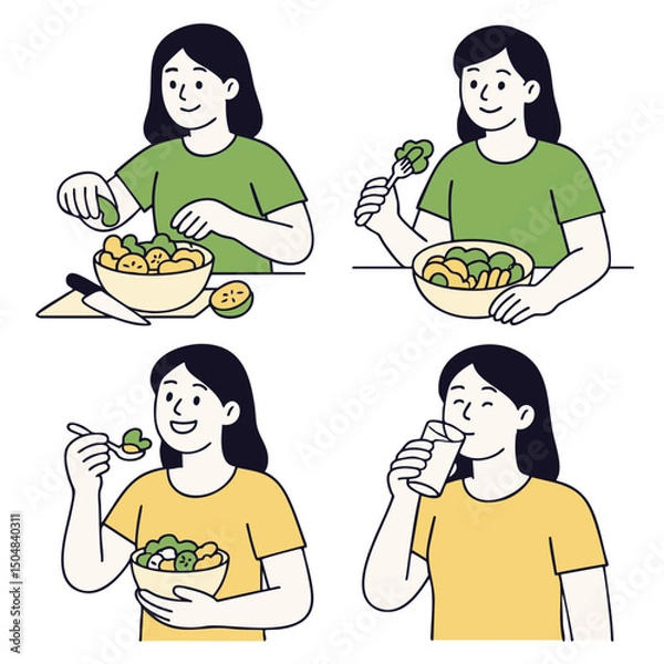 Fototapeta Healthy eating habits are showcased through person enjoying various meals, including salads