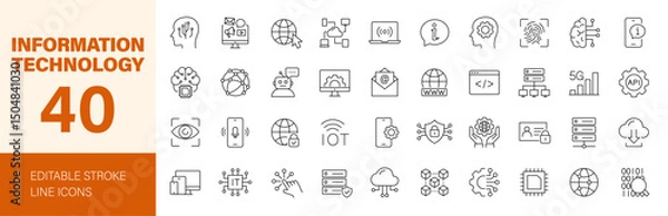 Fototapeta Information technology icon set. Containing IT manager, big data, data analytics, cybersecurity, artificial intelligence and more. Editable line icons. Vector illustration.