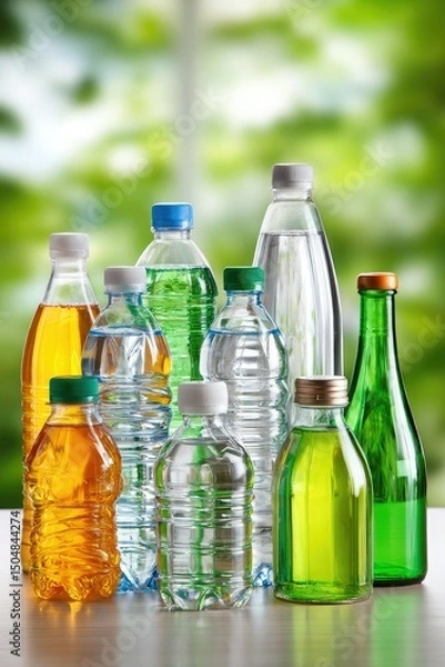 Fototapeta A variety of plastic and glass beverage bottles with different liquids, arranged on a table against a blurred green background.