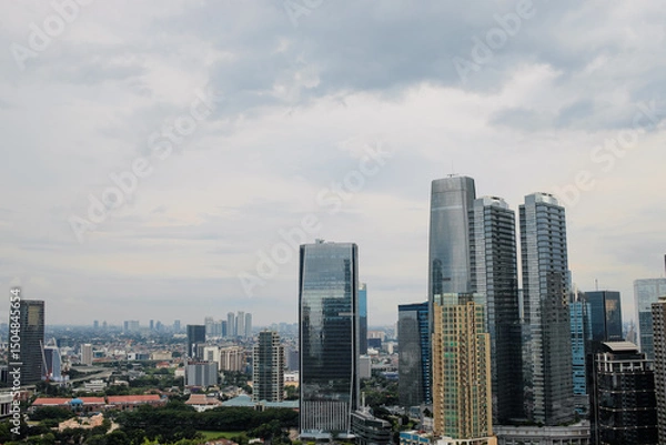 Fototapeta Elevated View Of Metropolitan Area With Skyscrapers Under Cloudy Sky