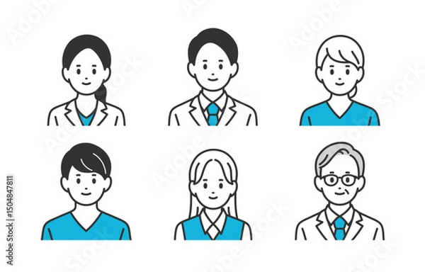 Obraz 医者･看護師･医療事務の男女上半身セット【人物ベクターイラスト素材】