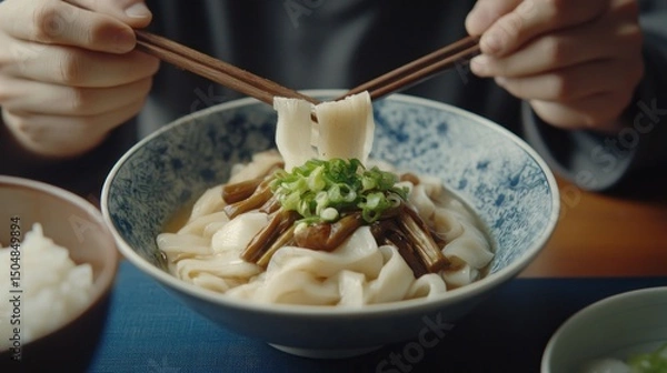 Obraz Person eating udon noodles with chopsticks in cozy home setting