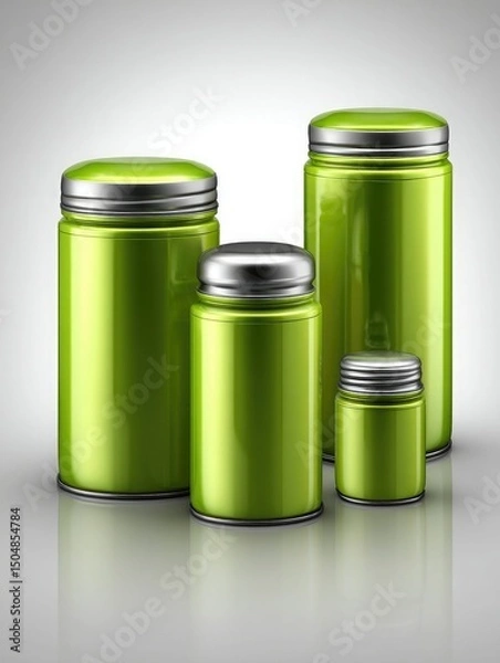 Fototapeta Four green metallic storage jars with silver lids, arranged on a reflective surface against a neutral background.