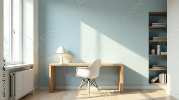 Fototapeta Modern minimalist home office design with natural light streaming through a window, illuminating a light wood desk, a white chair, and a built-in shelving unit holding books and plants