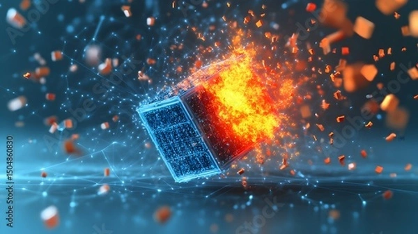 Fototapeta Burning, digital cube explodes in fiery fragments