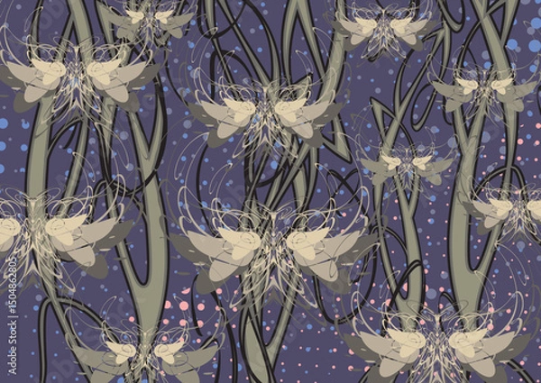 Fototapeta Dark backdrop with lines and butterfly wings for textiles or fabrics. Tropical motifs for fashion trends, business concepts, covers, cards, interior solutions, tiles, prints, wallpapers, posters, etc.