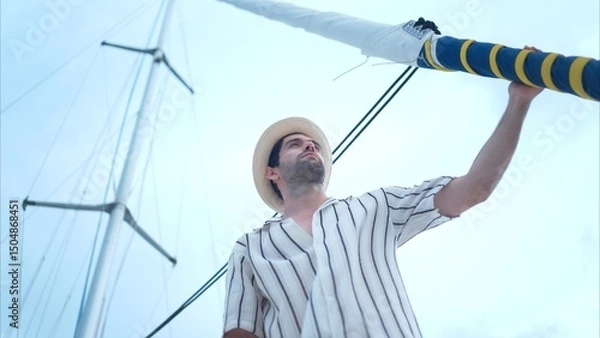 Fototapeta A young man is enjoying his seaside adventure aboard a yacht