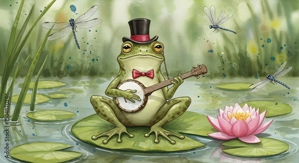 Obraz Dapper Frog Serenading the Pond with Banjo Music