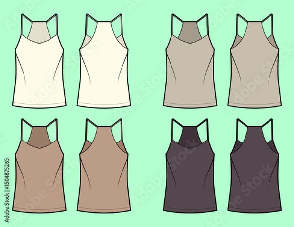 Fototapeta Women camisole tops colourway bundle technical drawing fashion flat sketch vector illustration template front and back views outline CAD mockup