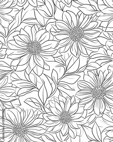 Fototapeta Elegant Floral Pattern: Delicate sunflower design with intricate line work, perfect for backgrounds, textiles, and creative projects.