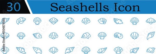 Fototapeta Set of 30 seashells line icon on transparent background