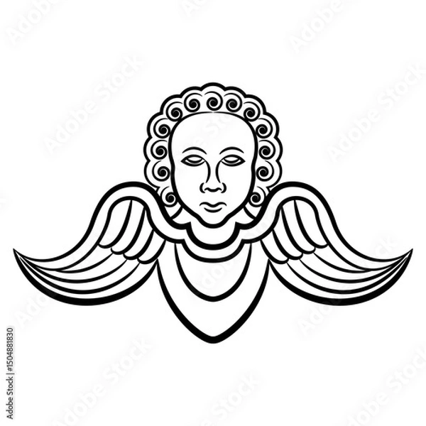 Fototapeta Winged cherub head. Vintage religious design. Black and white linear silhouette.