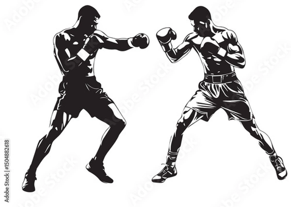 Obraz Two Boxers in Fighting Stance - Dynamic Black and White Silhouette Illustration
