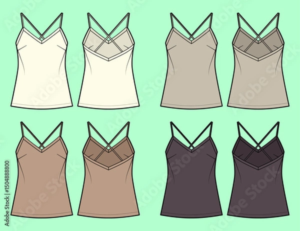 Fototapeta Ladies v neck camisole tops colourway bundle technical drawing fashion flat sketch vector illustration template front and back views outline CAD mockup