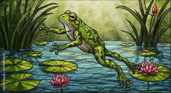 Obraz Leaping Frog in a Lily Pond Stained Glass Illustration