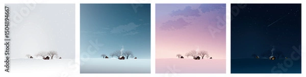 Obraz Set of minimalist countryside snowscape with small town and leafless trees at different times of the day graphic illustration.