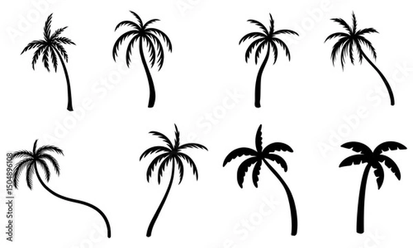 Obraz et of drawing palm and coconut tree silhouette illustrations in black colour isolated on white. Tropical, paradise, summer template design concept for print, sticker, clip art, element collection