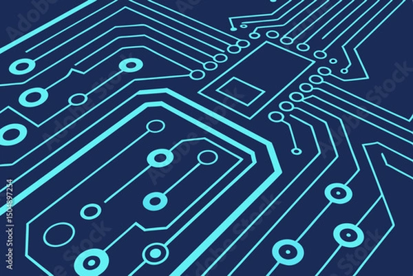 Fototapeta Tech blue circuit board design in abstract vector format. Glowing digital background with copy space centered for content, promotions, or banners.

