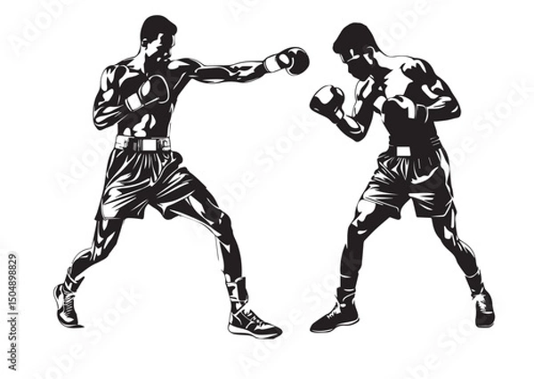 Obraz Two Boxers in Fighting Stance - Dynamic Black and White Silhouette Illustration