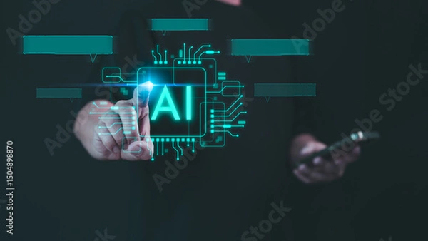 Obraz Person interacting with a glowing AI interface, highlighting futuristic technology and digital innovation through a touchscreen virtual display. Chat with artificial intelligence on a virtual screen.