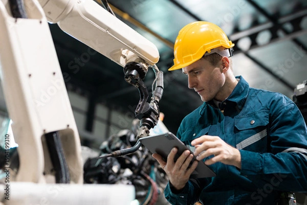 Fototapeta Robotic engineer automatic mechanic checking quality system of automation robot arms machine in factory. Service programming machinery welding robots in production at factory industry.