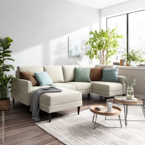 Fototapeta Spacious living room with a sectional sofa, soft color palette, and touches of natural greenery.