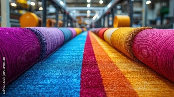 Fototapeta Colorful roll of carpets displayed in a textile factory environment
