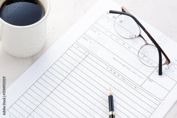 Fototapeta 就職活動（就活）のために、コーヒーを飲みながら、履歴書を作成する
