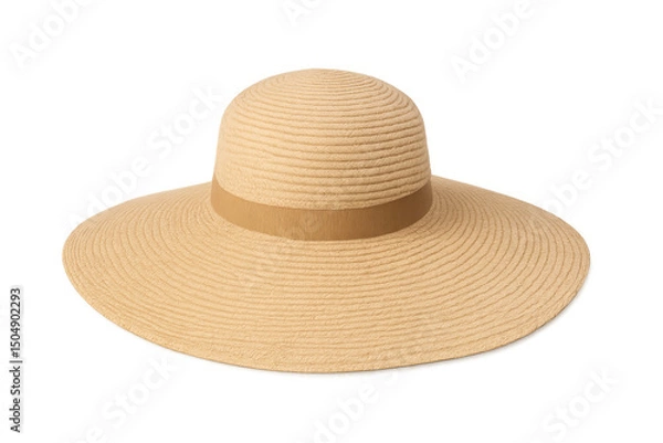 Fototapeta Stylish wide-brimmed straw sunhat providing shade, complementing casual summer attire, positioned against neutral white background