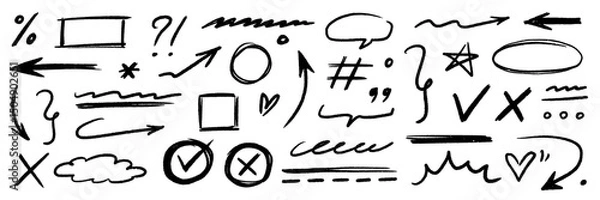 Obraz Hand drawn line chalk brush stroke arrow icon set. Chalk crayon underline, check mark, scribble and texture in rough hand sketch style. Drawn heart, frame, star design shapes. Vector illustration