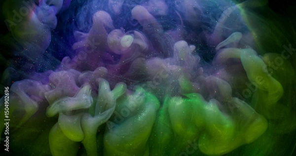 Fototapeta Smoke storm. Colorful fog. Green purple cloud swirl spilling on black background. Ink mix shimmering particles defocused dye liquid.
