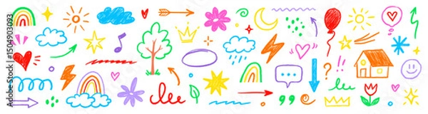 Obraz Hand drawn crayon child pencil style icon set. Cute rainbow, heart, crown, flower and sun in colorful kid doodle style. Chalk texture, cloud, smile, star and sketch figure for play or school design