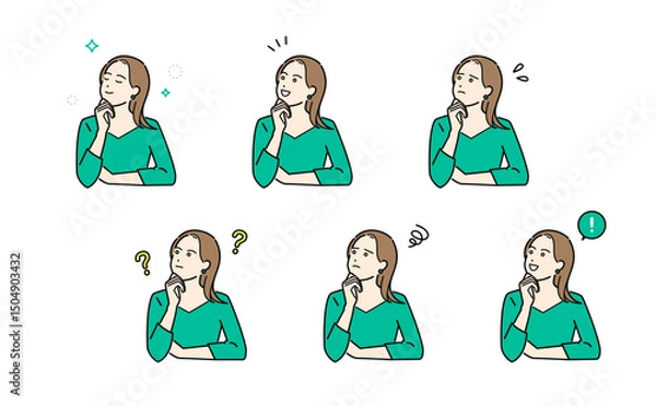 Obraz いろんな表情をする私服の女性のイメージイラストセット