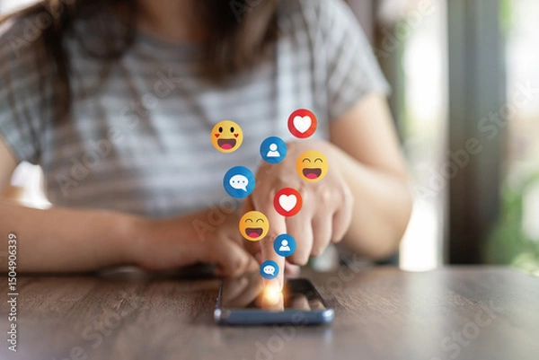 Obraz Social Distancing ,Working From Home concept..The concept of living on vacation and playing social media. Social media and digital online concept, man using smart phone with Social media..