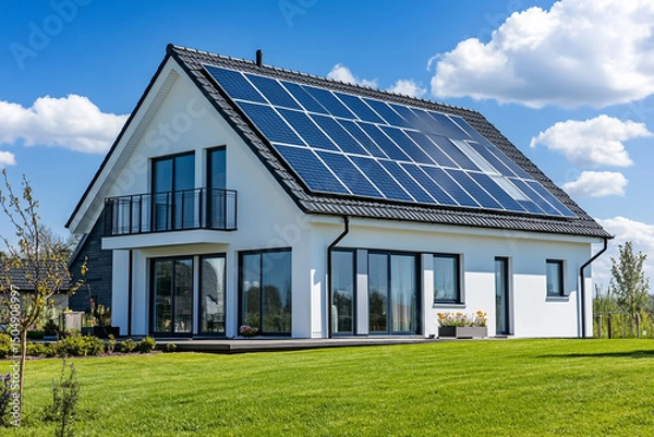 Obraz A photo of a modern, two-story white house with solar panels on the roof, black windows and doors, set in the Irish countryside