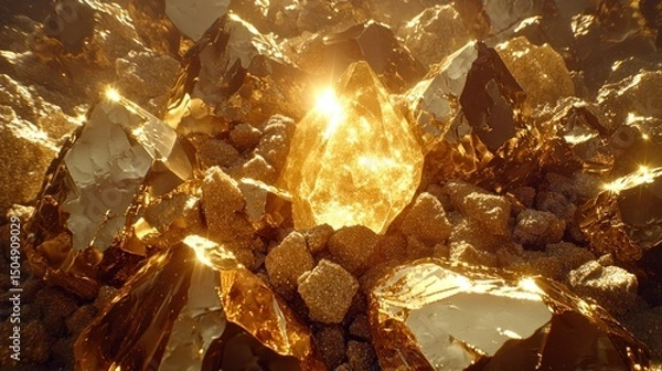 Obraz Golden crystals burst from rocks, sunlit