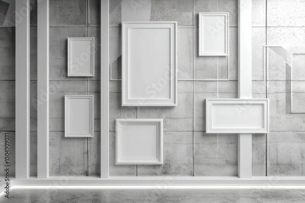 Obraz Monochrome design featuring geometric whiteboard frames and textured concrete wall in a modern space.