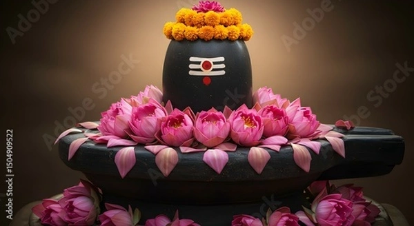 Obraz Shiva Lingam with Lotus Flowers and Marigold Garland Offering