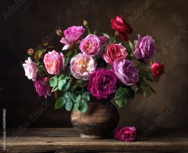 Fototapeta A rustic earthenware vase holds a vibrant bouquet of pink, purple, and red roses, set against a dark, textured background on a wooden surface.  A single fallen rose rests nearby
