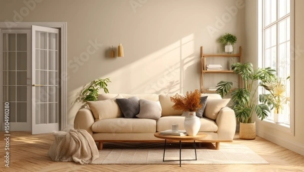 Obraz Peaceful modern room with almond-colored walls, beige sofa, and a warm, inviting atmosphere.