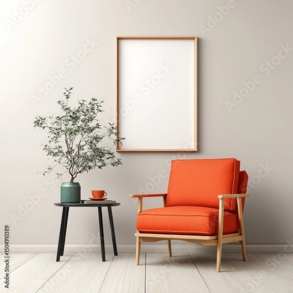 Obraz Mockup design showcasing a picture frame on a minimalist wall paired with an orange chair.
