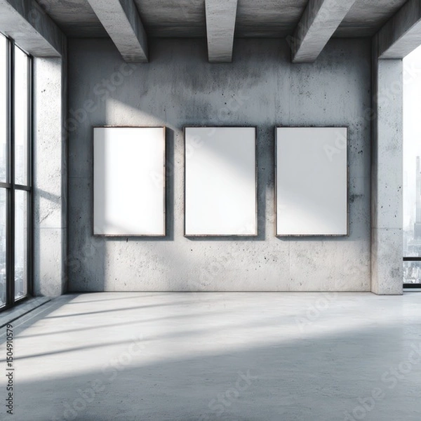 Obraz Minimalist professional office setup with whiteboard frames on concrete wall, smooth flooring for focus.