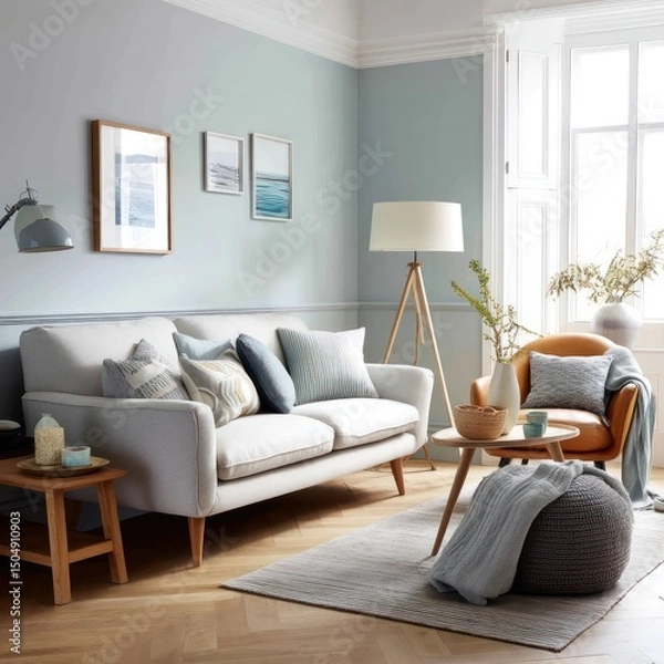 Obraz Relaxing living room with cozy seating, soft color tones, and simple design for ultimate comfort.
