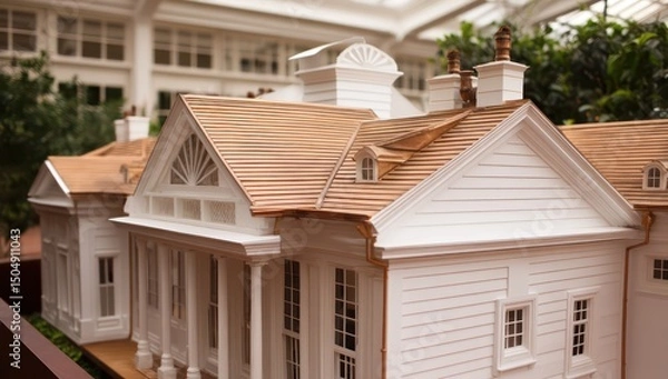 Obraz Detailed view of a classic home's wooden eaves, rain gutters, and chimney design features.