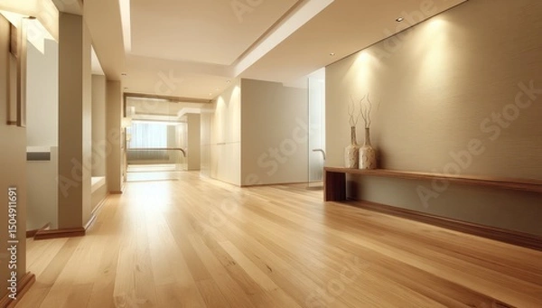 Obraz Clean and modern hallway featuring wooden floors, simple decor, and soft lighting accents.