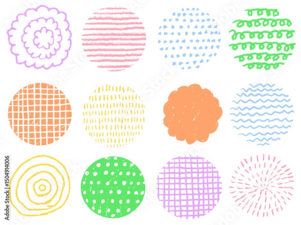 Fototapeta 手描きあしらいセット　パターン　クレヨン　まる