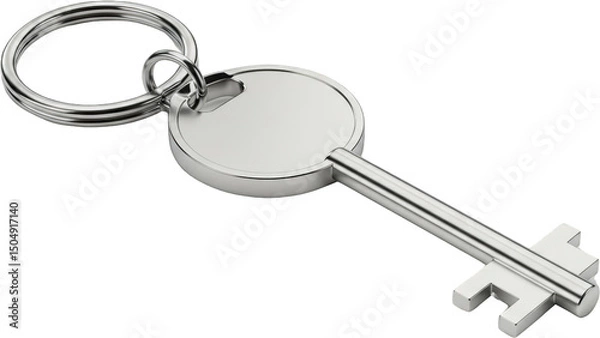 Fototapeta Elegant silver key chain with blank round tag modern keyring design isolated transparent background