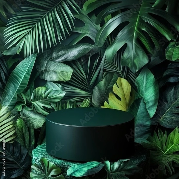 Obraz a podium with copy space and green tropical leaves